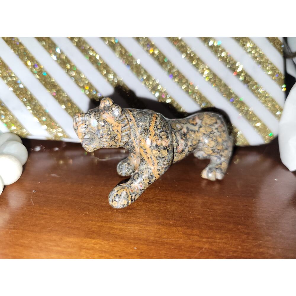 Carved Leopard Jasper Stone Leopard Figurine w/ Opalite Eyes EUC